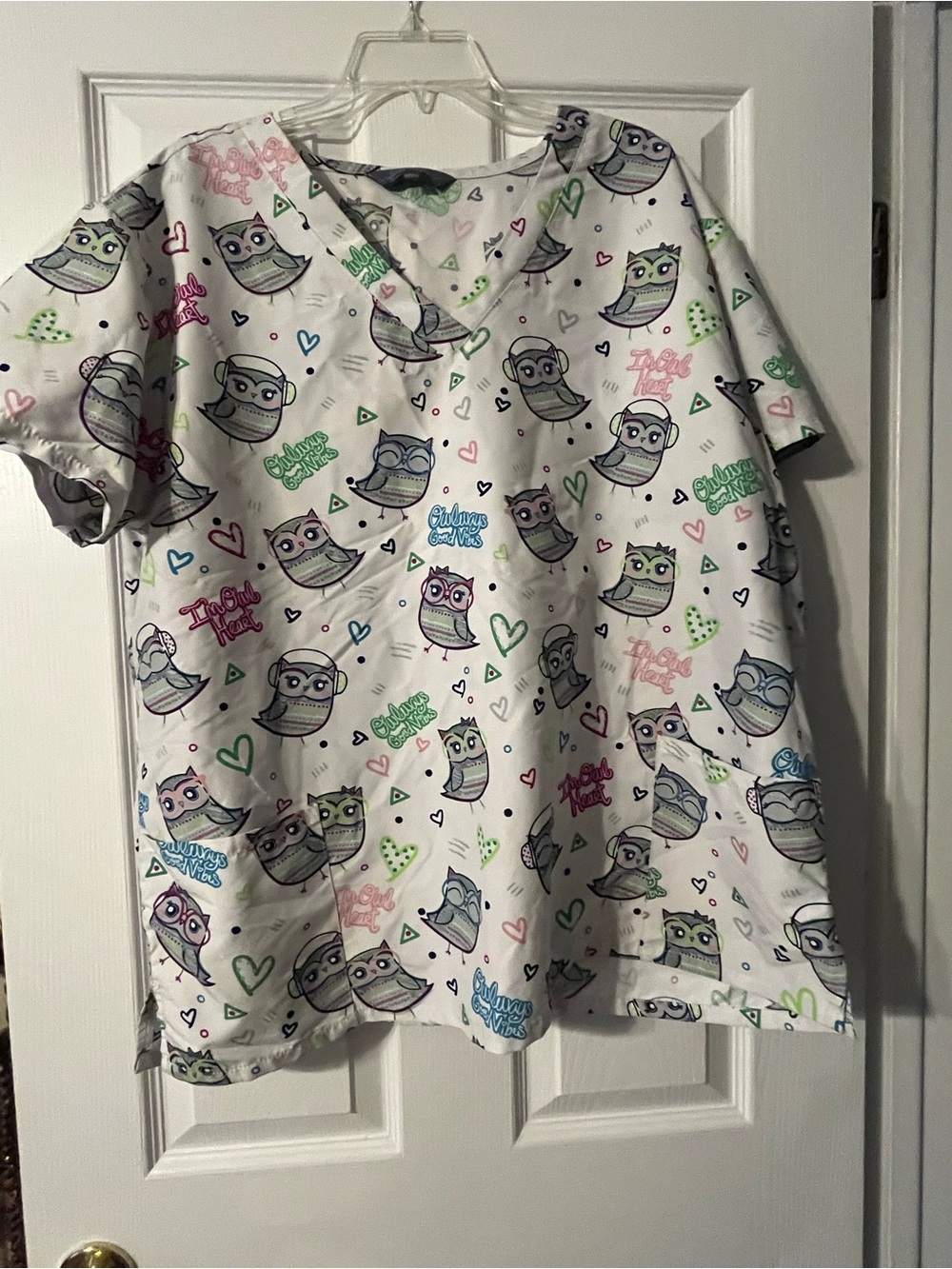 Unisex women’s men’s scrub shirts (3) Multicolor Accents owls unicorns koalas